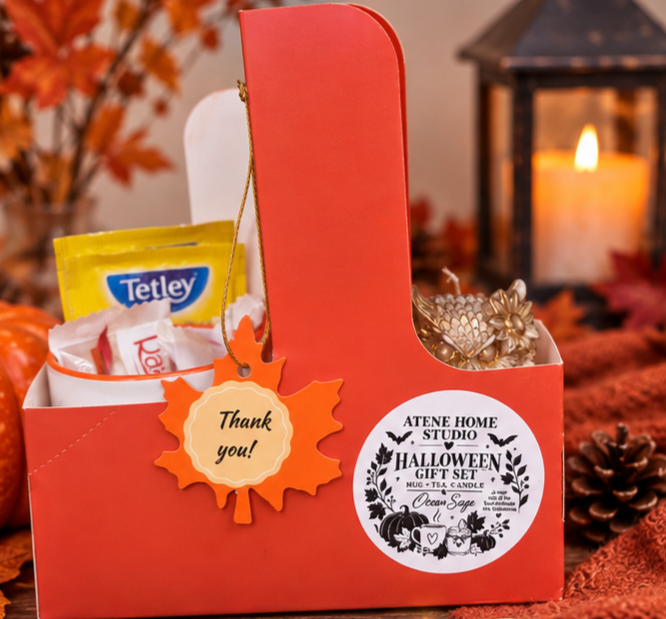 Halloween Candle Gift Set, Mug & Tea Box, Ocean Sage Scented Candle, Spooky Season Gift