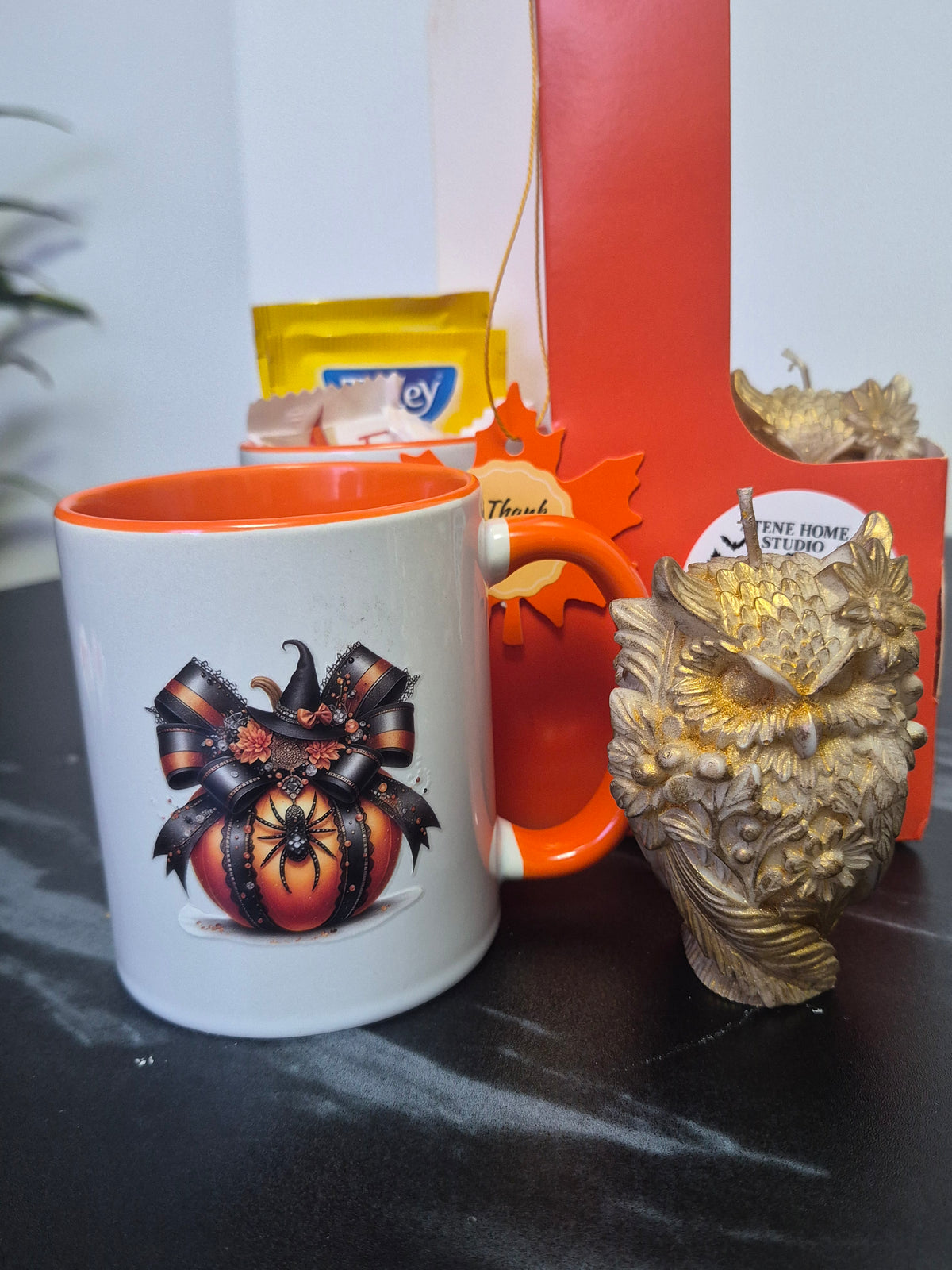 Halloween Candle Gift Set, Mug & Tea Box, Ocean Sage Scented Candle, Spooky Season Gift